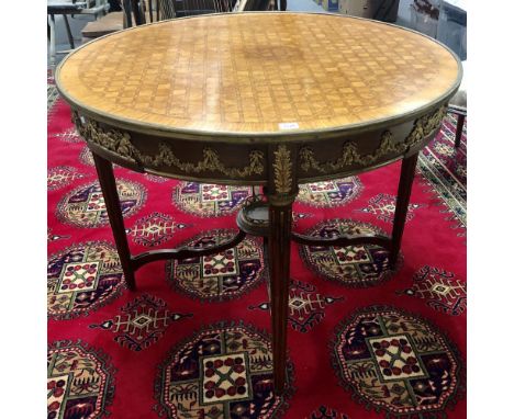 Good Louis XVI style kingwood inlaid ormolu mounted centre table, the parquetry top with engine turned ormolu edge, the friez