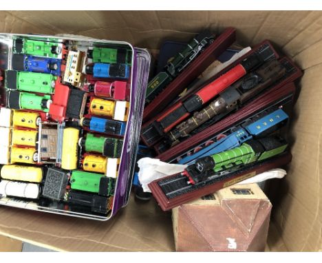 Box of railway related items inc. Thomas The Tank Engine toy locomotives by Ertl including track &amp; carriages etc