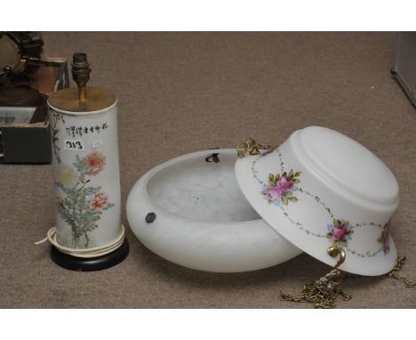 A Chinese floral painted lamp base and two glass ceiling lights, one painted with flowers