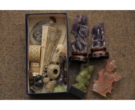 A collection of Chinese oddments comprising an inside painted scent bottle, carved amethyst and bone items