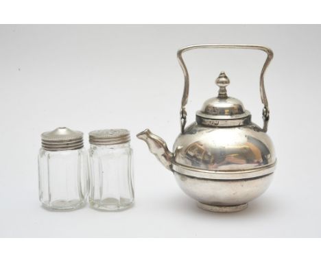 A miniature continental silver kettle together with a pair of silver topped cut glass condiments