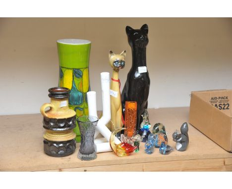 A collection of 1960's ceramics and glass including a large Poole Delphis vase, West German jug, Peter John modernist vase an