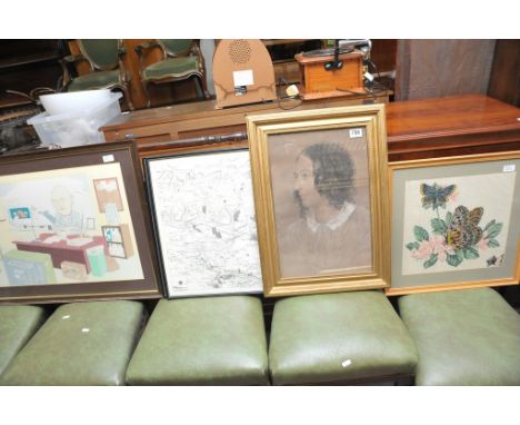 An early 20th Century pastel portrait of a young lady and various other pictures 