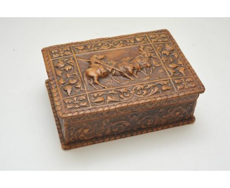 A vintage tooled leather wooden cigarette box embossed with leather and depicting in high relief two cowboys on horseback her