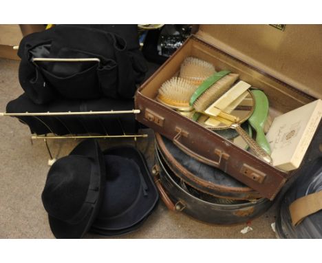 A leather hat box and vintage hats plus leather suitcase with contents
