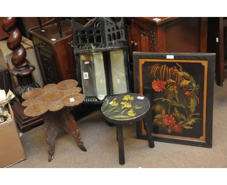 An ebonised mirror corner display shelf, a folding table with top formed as lily pads and a painted three legged table and pa