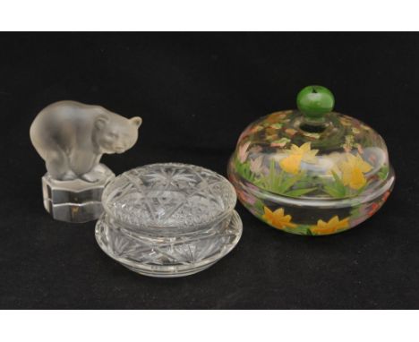 An attractive glass powder bowl profusely decorated with pink and yellow flowers and green leaves,a fine quality cut glass po