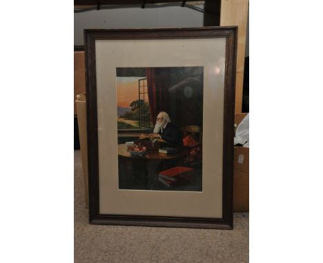 A pair of portrait prints, an engraving of river scene and framed tapestry