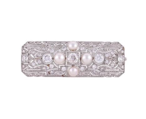 AN EARLY 20TH CENTURY BOUTON PEARL AND DIAMOND BROOCH CIRCA 1920The pierced millegrained rectangular panel set throughout wit