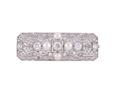 AN EARLY 20TH CENTURY BOUTON PEARL AND DIAMOND BROOCH CIRCA 1920The pierced millegrained rectangular panel set throughout wit