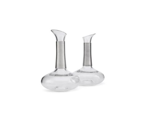 A PAIR OF DANISH SILVER MOUNTED GLASS 974B CARAFES HENNING KOPPEL FOR GEORG JENSEN, .999 STANDARD Import marked for Birmingha