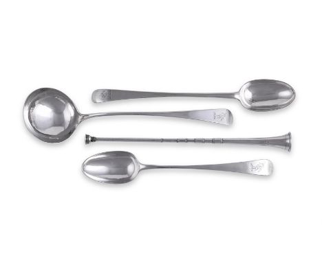 FOUR ITEMS OF SILVER Comprising: a George III old English pattern soup ladle, probably John Scofield, London 1778; a George I