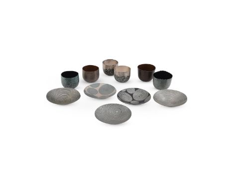 SIX MOKUME GANE TUMBLER CUPS AND FIVE SAUCER DISHES ALISTAIR McCALLUM, LATE 20TH OR EARLY 21ST CENTURY Stamped with maker's p