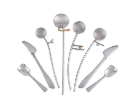 A SET OF FOUR GREEK SILVER COLOURED PARCEL GILT MODERNIST SPOONS THALEIA, STAMPED θΑΛΕΙΑ 925, 21ST CENTURY 9.5cm (3 3/4in) lo