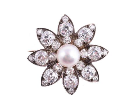 A VICTORIAN DIAMOND AND PEARL FLOWER HEAD CLUSTER BROOCH CIRCA 1870The cluster with graduated old mine cut diamonds, approxim