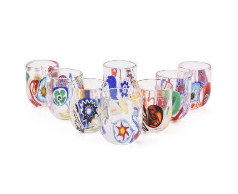 A SET OF EIGHT MURANO GLASS BEAKERS LAGUNA B (BRANDOLINI), 21ST CENTURY Clear glass and decorated with coloured canes, incise