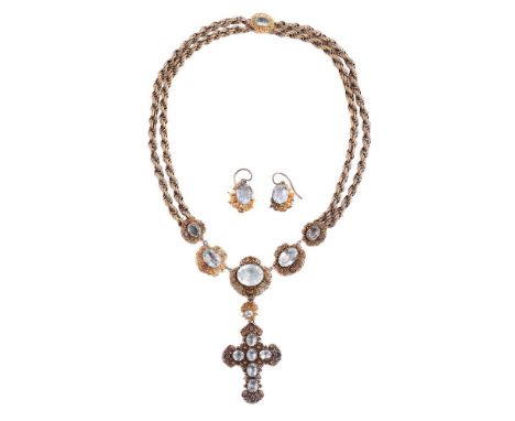 AN 1830S CANNETILLE AQUAMARINE AND RUBY NECKLACEThe graduated oval cut aquamarines in closed backed beaded cannetille setting