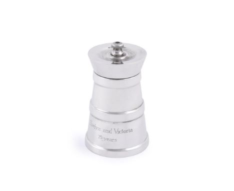A LARGE SILVER PEPPER MILL J. A. CAMPBELL, LONDON 1998 Engraved 'Evelyn and Victoria 25 Years' 10cm (4in) high LoadedProvenan