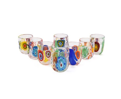 A SET OF EIGHT MURANO MURRINE GLASS BEAKERS LAGUNA B (BRANDOLINI), 21ST CENTURY Clear glass and decorated with coloured canes