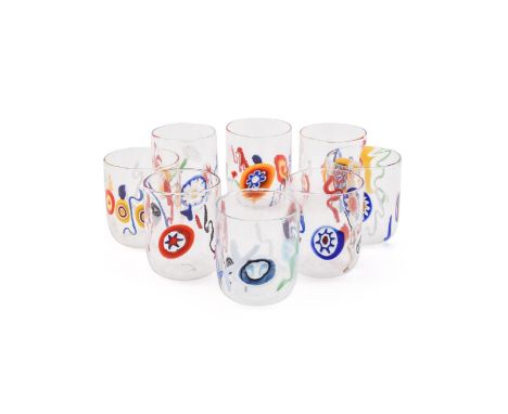 A SET OF EIGHT MURANO MURRINE GLASS BEAKERS LAGUNA B (BRANDOLINI), 21ST CENTURY Clear glass and decorated with coloured canes