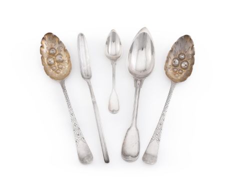 TWO LATER DECORATED GEORGE III SILVER BERRY SPOONS THOMAS WALLIS II, LONDON 1798 AND 1805The handles engraved with flower and