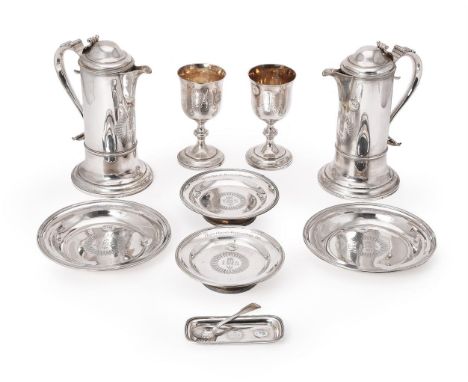 A LATE GEORGE III SILVER NINE PIECE COMMUNION SET REBECCA EMES & EDWARD BARNARD I, LONDON 1813Engraved with the sacred monogr