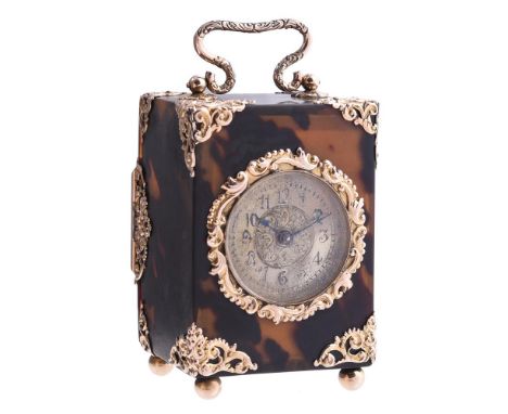 Y A TORTOISESHELL AND GOLD COLOURED MOUNTED CARRIAGE CLOCK CIRCA 1890The gilt dial with foliate engraved centre, Arabic numer