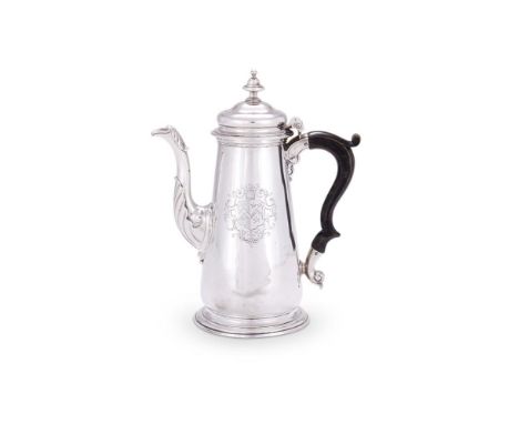 A GEORGE II SILVER STRAIGHT-TAPERED COFFEE POT JOHN SWIFT, LONDON NO DATE LETTER With a bell shaped finial to the ogee domed 