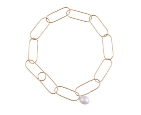 IBU, A FRENCH GOLD COLOURED AND SOUTH SEA CULTURED PEARL NECKLACEWith polished large open gold coloured links, with two remov
