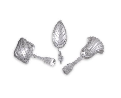 A GEORGE III SILVER LEAF CADDY SPOON JOSEPH WILLMORE, BIRMINGHAM 1804 With wrigglework, foliate and linear engraving, the ten