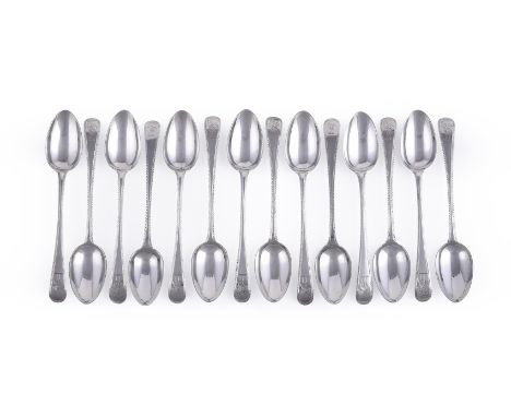 A SET OF TWELVE VICTORIAN SILVER OLD ENGLISH FEATHER EDGE DESSERT SPOONS GEORGE ADAMS FOR CHAWNER & CO., LONDON 1872 And two 