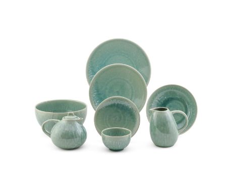 JARS CERAMISTES, QUARTIER RAPON, FRANCE, A MODERN JADE (PALE GREEN) GLAZED STONEWARE SERVICE Comprising; twelve presentation 