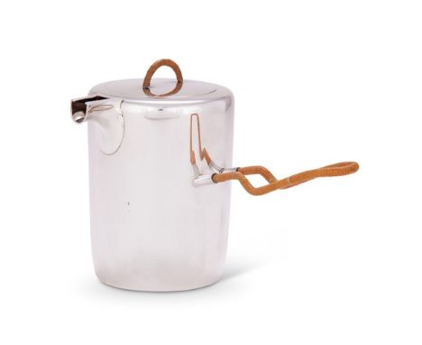 A DANISH SILVER COLOURED CYLINDRICAL HOT WATER OR MILK JUG STAMPED 925S, DENMARK, A DEVICE IN A SHIELD, EARLY 21ST CENTURY Wi