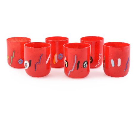 A SET OF SIX MURANO GLASS BEAKERS LAGUNA B (BRANDOLINI), 21ST CENTURY Clear and red cased glass and decorated with coloured c