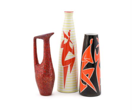 A GROUP OF THREE VESSELS ZSOLNAY PÉCS, 20TH CENTURY Comprising; two various porcelain vases of tapering cylindrical form deco