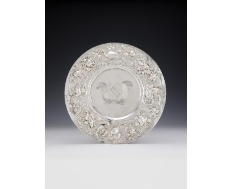 A COMMONWEALTH SILVER SALVER ON FOOT POSSIBLY ROBERT GREGORY, LONDON 1658 The broad flange embossed with trailing flowers, ma