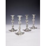 A SET OF FOUR LATE GEORGE II CAST SILVER CANDLESTICKS, JOHN CAFE