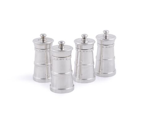 TWO PAIRS OF SILVER CHURN SALT AND PEPPER MILLS  JOHN BULL LTD, LONDON 2000  Millennium marks  9cm (3 1/2in) high, in card bo
