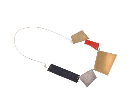 A FRENCH GOLD COLOURED AND MIXED METAL MODERNIST PANEL NECKLACEThe five shaped geometric panels with varying textures, one wi
