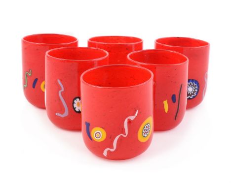 A SET OF SIX MURANO GLASS BEAKERS LAGUNA B (BRANDOLINI), 21ST CENTURY Clear and red cased glass and decorated with coloured c