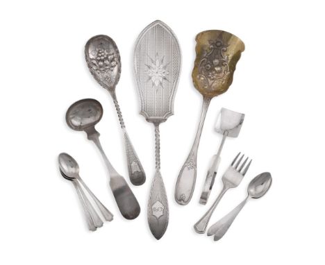 ASSORTED SILVER FLATWARE AMERICAN, 19TH AND 20TH CENTURY Including: a serving slice by Bailey & Co., initialled EFB 354g (11.