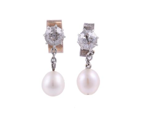 A PAIR OF DIAMOND AND PEARL EARRINGSThe claw set old brilliant cut diamonds each suspending an ovoid pearl from a belcher lin