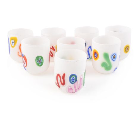 A SET OF EIGHT MURANO GLASS BEAKERS PROBABLY LAGUNA B (BRANDOLINI), 21ST CENTURYClear and white cased glass and decorated wit