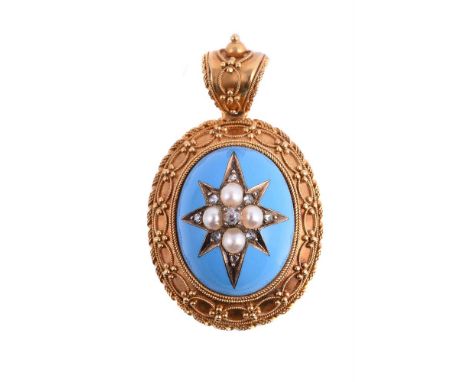 A MID VICTORIAN ENAMELLED DIAMOND AND HALF PEARL LOCKET PENDANT CIRCA 1870The turquoise blue enamelled oval bombé panel with 