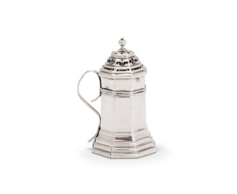 A QUEEN ANNE SILVER TAPERED OCTAGONAL KITCHEN CASTER OR DREDGER GLOVER JOHNSON, LONDON 1713 Britannia standard, with a ball f