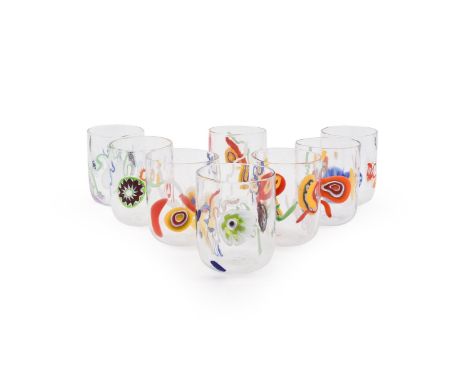 A SET OF EIGHT MURANO MURRINE GLASS BEAKERS LAGUNA B (BRANDOLINI), 21ST CENTURY Clear glass and decorated with coloured canes
