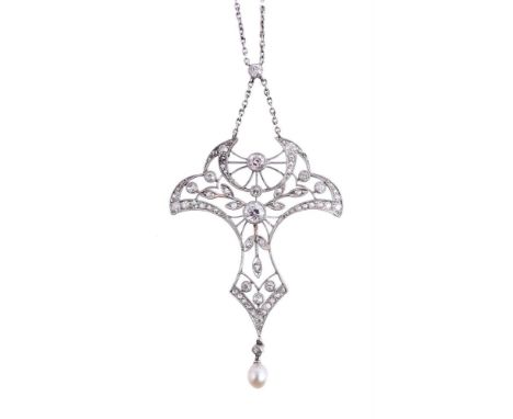 A BELLE ÉPOQUE DIAMOND PENDANT CIRCA 1905The pierced lobed panel set with old cut and rose cut diamonds, approximately 0.70 c
