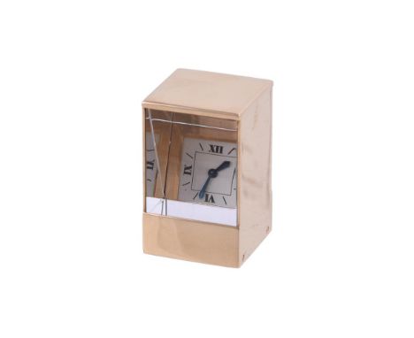 CARTIERGOLD COLOURED MINIATURE PRISM CLOCK, NO. 121663, CIRCA 1950Movement: European Watch & Clock Co. manual wind, 15 jewels