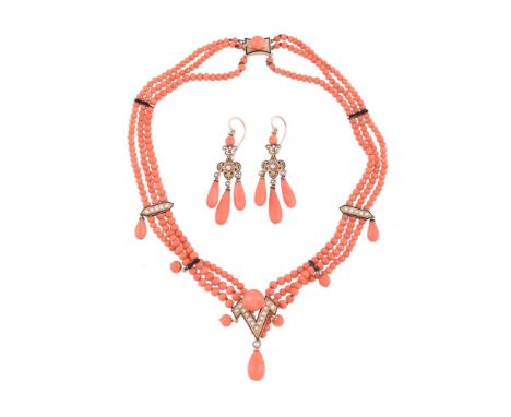 Y A FRENCH LATE 19TH CENTURY CORAL AND SEED PEARL NECKLACE AND EAR PENDANT SUITE CIRCA 1890The necklace with three rows of gr