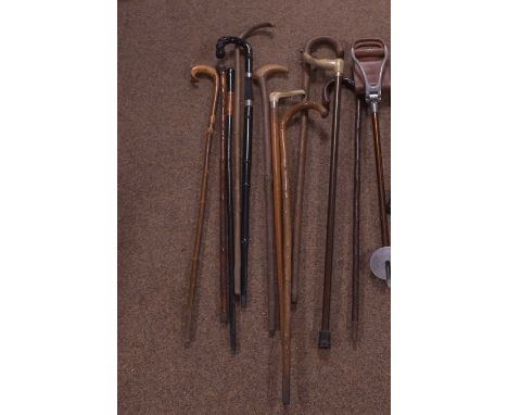 An assorted collection of vintage walking sticks and canes, including naturalistic and ebonised wood examples, one with hidde